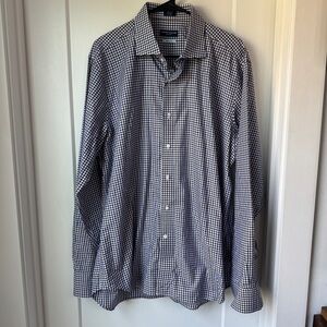 Peter Millar XL Egyptian Cotton Gingham Shirt Blue Brown Dress Button Down